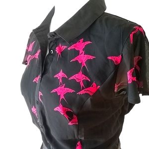 KENZIE - A casual blk dress with a magenta bird print